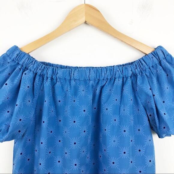 Zara Floral Openwork Textured Blue Off Shoulder Mini Sun Dress Balloon Sleeve - Picture 6 of 15